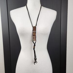 CHICO'S Long Tassels Necklace Black Cord & Mixed Silver and Gold